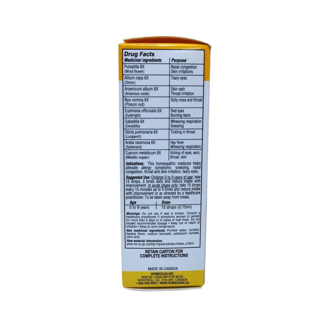 Ingredients, indications, uses, and warnings for Homeocan Kids 0-9 Allergies Banana Flavour (25 mL) in English