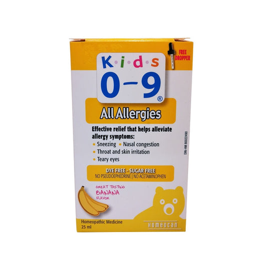 Product label for Homeocan Kids 0-9 Allergies Banana Flavour (25 mL) in English