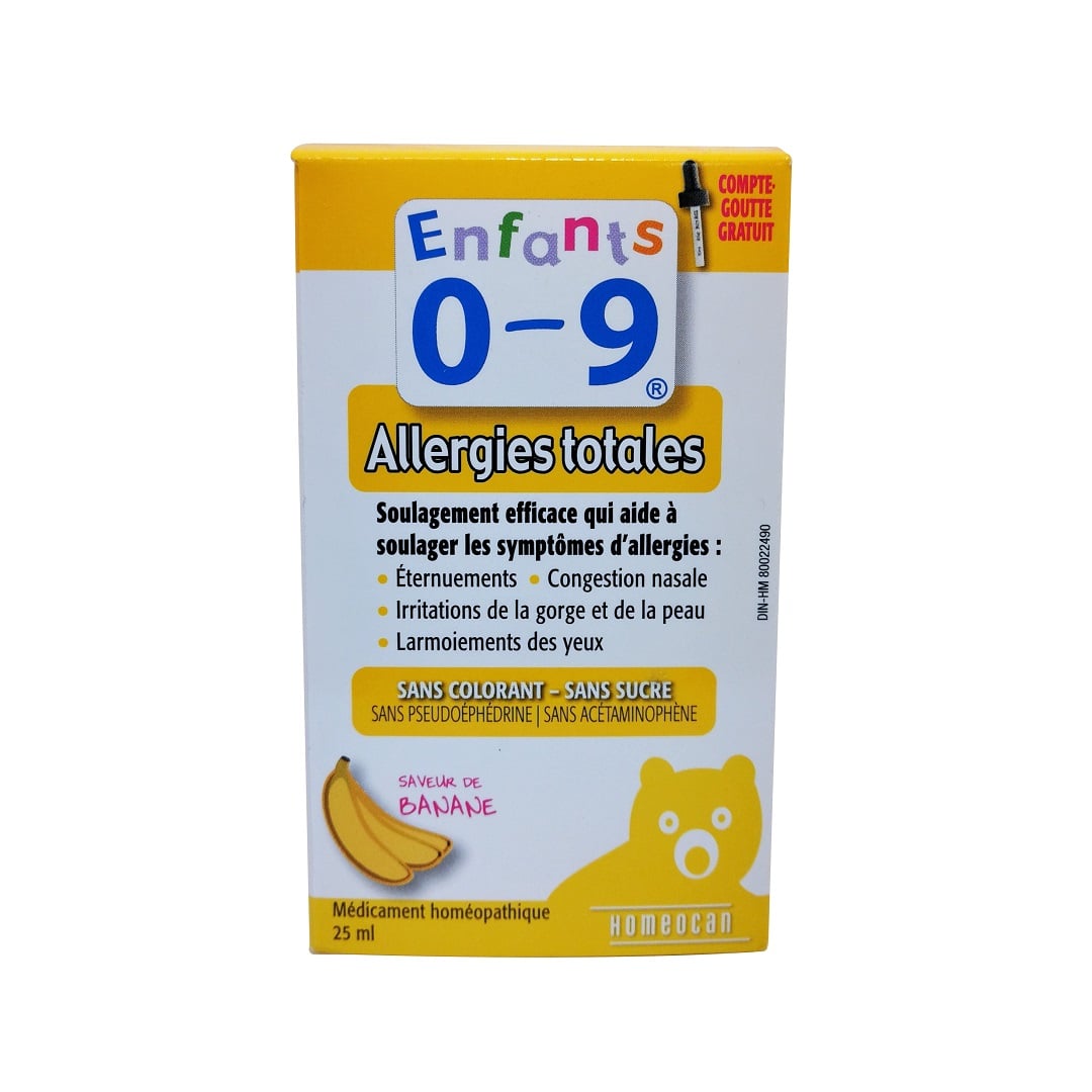 Product label for Homeocan Kids 0-9 Allergies Banana Flavour (25 mL) in French