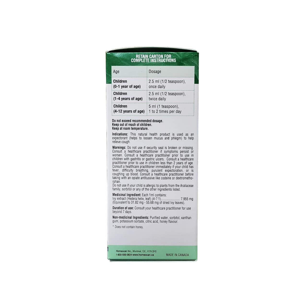 Duraction, indications, warnings, and ingredients for Homeocan Kids 0-9 Cough and Cold Herbal Syrup (100 mL) in English