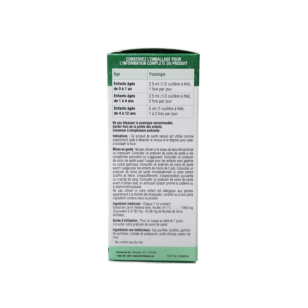 Duraction, indications, warnings, and ingredients for Homeocan Kids 0-9 Cough and Cold Herbal Syrup (100 mL) in French