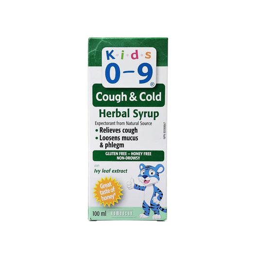 Product label for Homeocan Kids 0-9 Cough and Cold Herbal Syrup (100 mL) in English