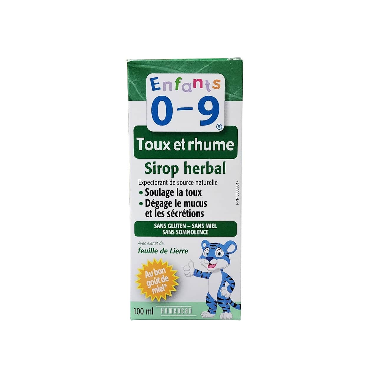 Product label for Homeocan Kids 0-9 Cough and Cold Herbal Syrup (100 mL) in French