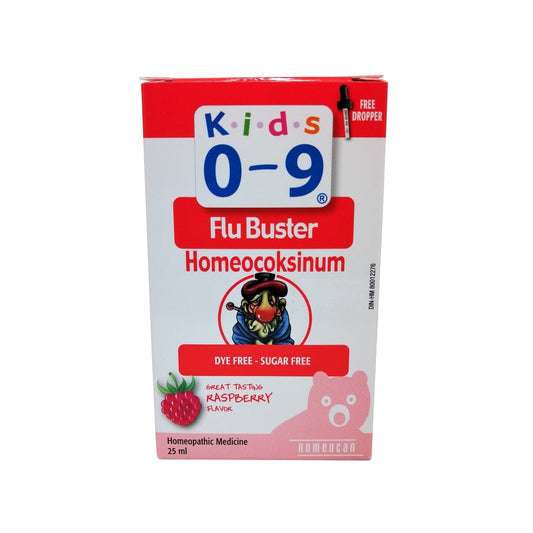 Product label for Homeocan Kids 0-9 Flubuster Raspberry Flavour (25 mL) in English