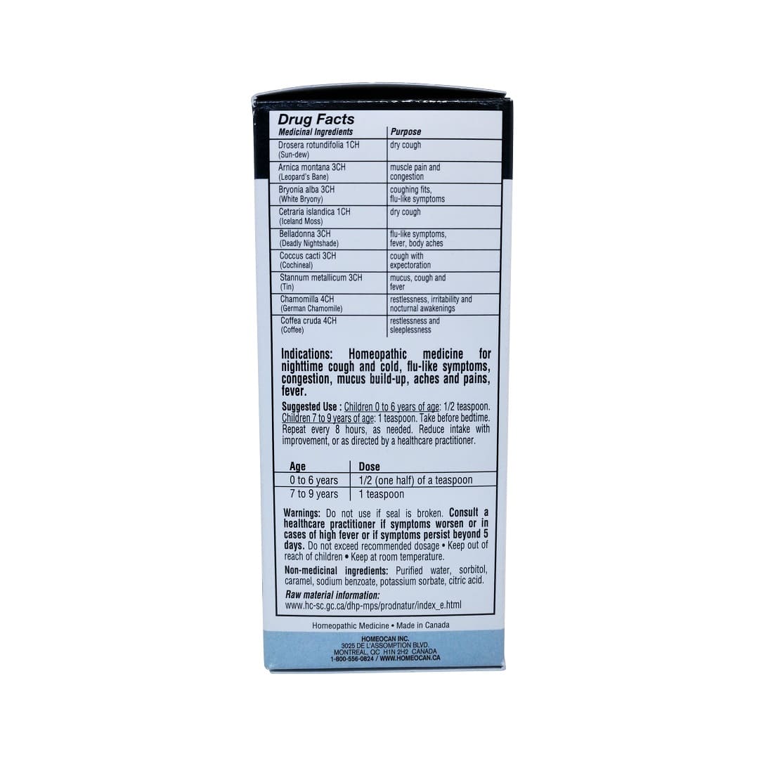 Ingredients, indications, uses, warnings for Homeocan Kids 0-9 Night Syrup (100 mL) in English