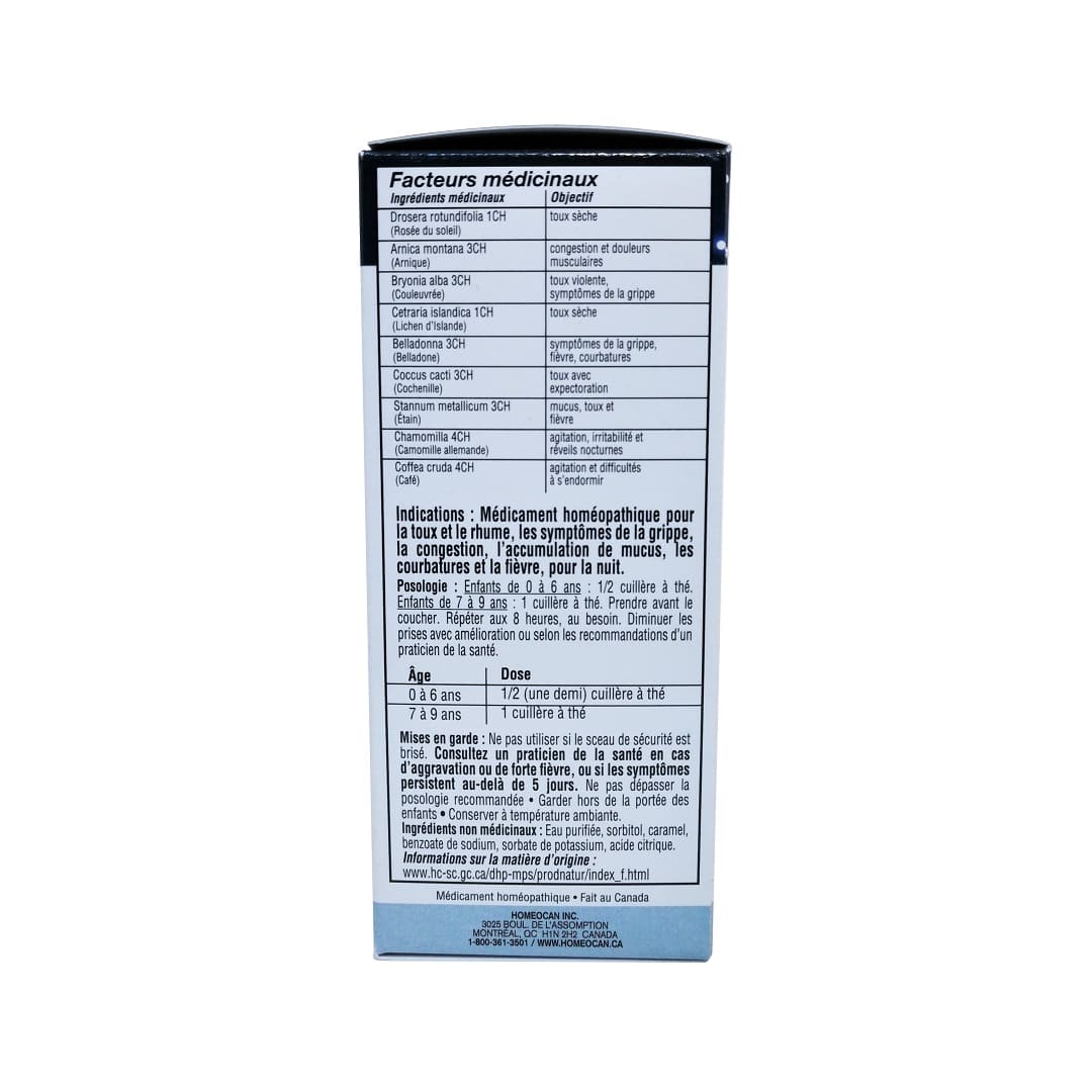 Ingredients, indications, uses, warnings for Homeocan Kids 0-9 Night Syrup (100 mL) in French