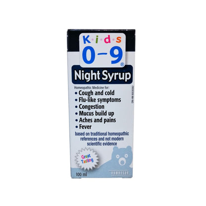 Product label for Homeocan Kids 0-9 Night Syrup (100 mL) in English