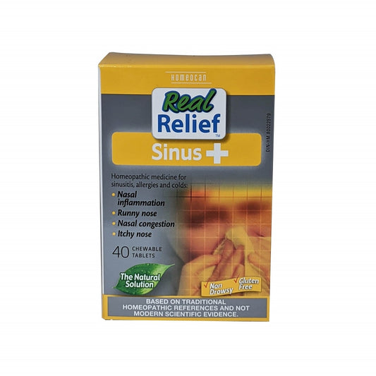 Product label for Homeocan Real Relief Sinus+ (40 chewables) in English
