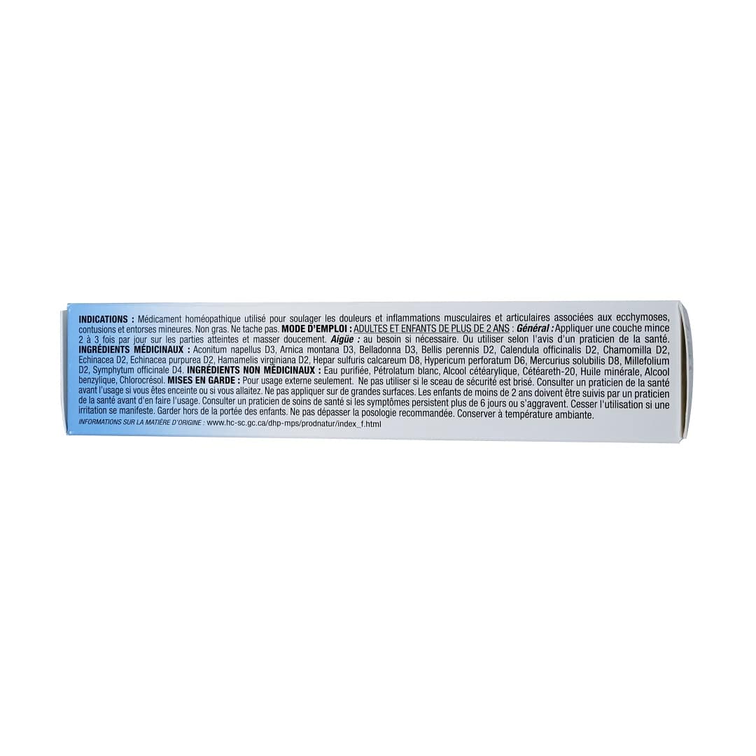 Indications, directions, ingredients, warnings for Homeocan Traumacare Pain Relief Cream 100g in French