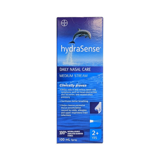 Product label for hydraSense Daily Nasal Care Medium Stream (100 mL) in English