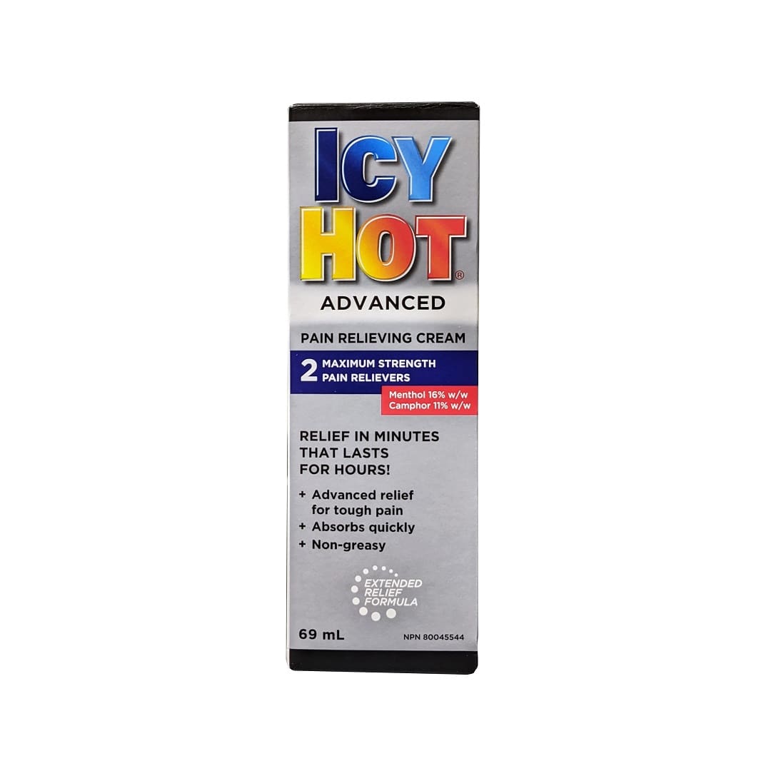 Product label for Icy Hot Advanced Pain Relieving Cream Maximum Strength (69 mL) in English
