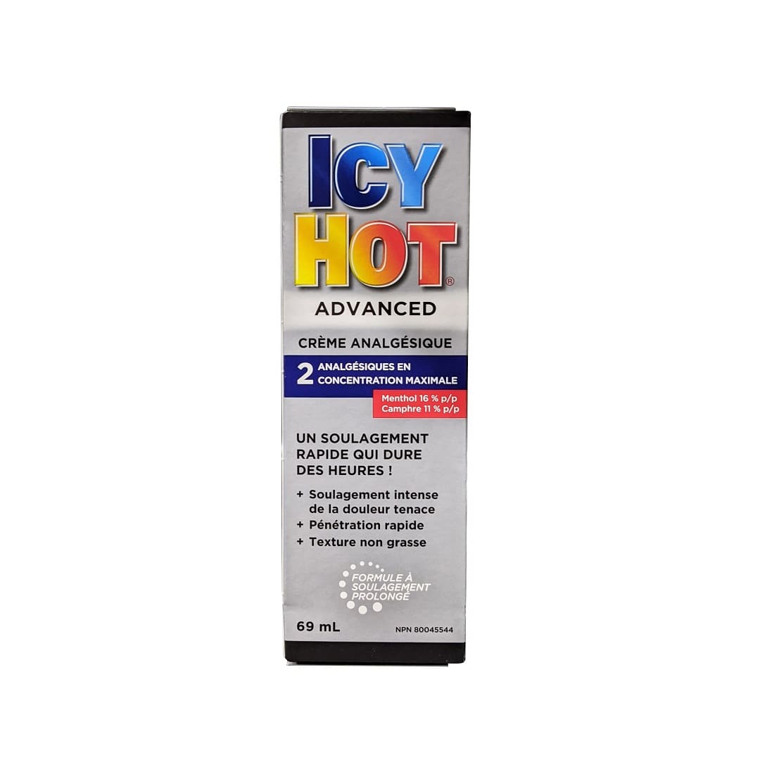 Product label for Icy Hot Advanced Pain Relieving Cream Maximum Strength (69 mL) in French