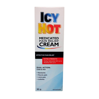 Product label for Icy Hot Extra Strength Pain Relief Cream (85 grams) in English