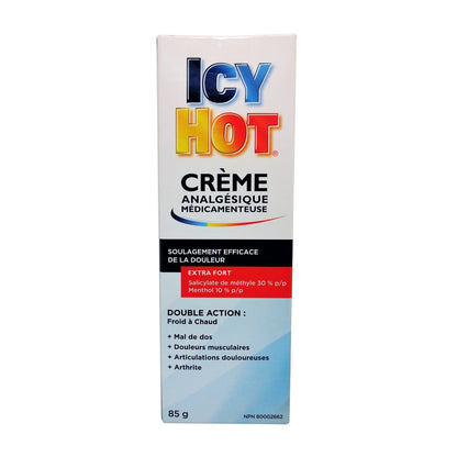 Product label for Icy Hot Extra Strength Pain Relief Cream (85 grams) in French