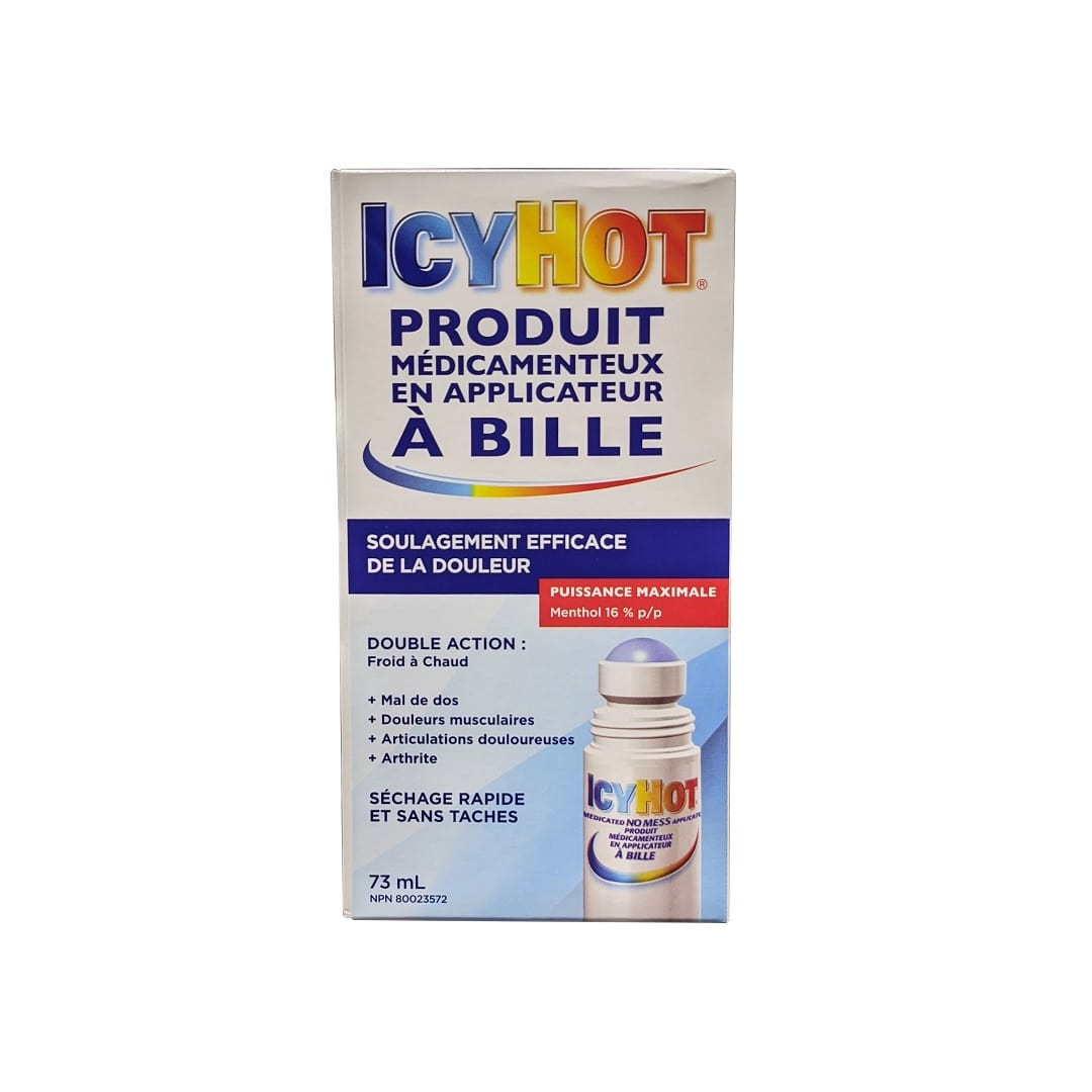 Product label for Icy Hot Medicated No Mess Applicator (73 mL) in French
