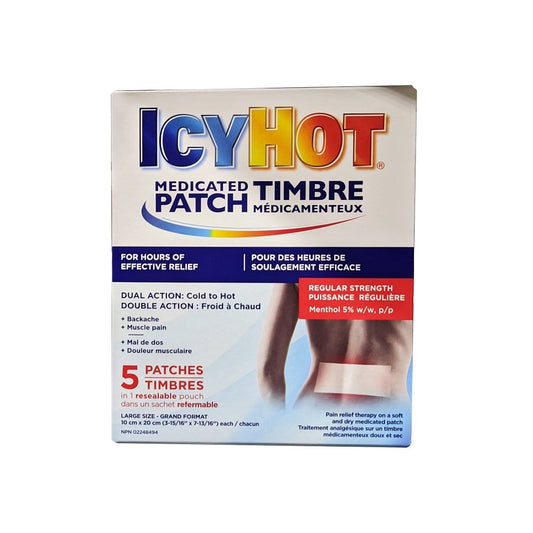 Product label for Icy Hot Medicated Patch Large Size (10 cm x 20 cm) (5 patches)