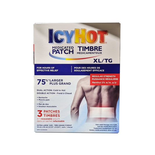 Product label for Icy Hot Medicated Patch X-Large Size (14 cm x 25 cm) (3 patches)