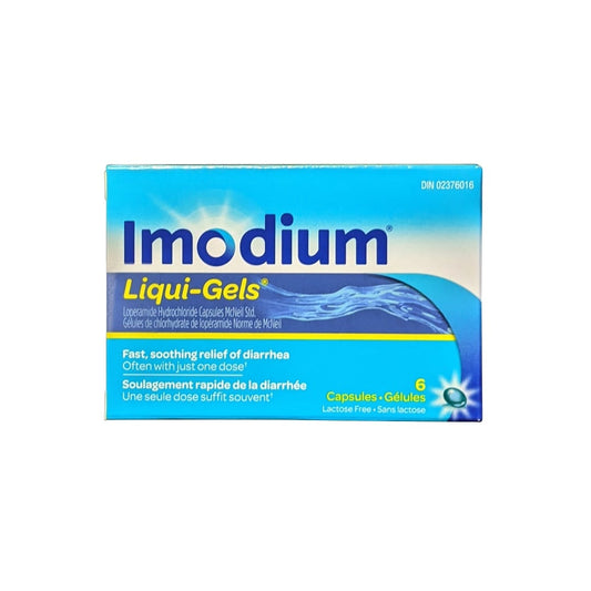 Product label for Imodium Loperamide Hydrochloride Liqui-Gels (6 capsules)