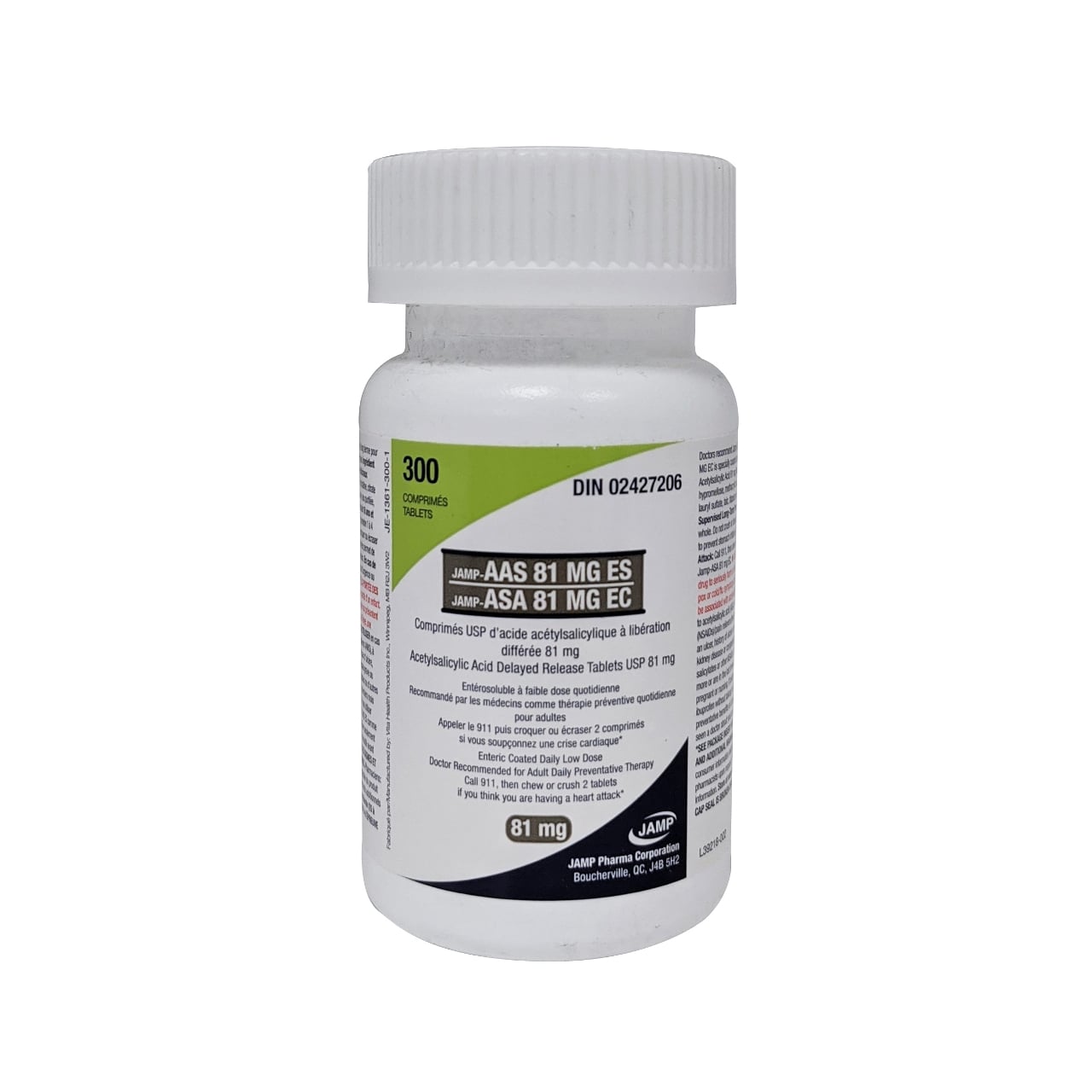 Product label for JAMP Acetylsalicylic Acid 81mg Delayed Release Tablets in English and French