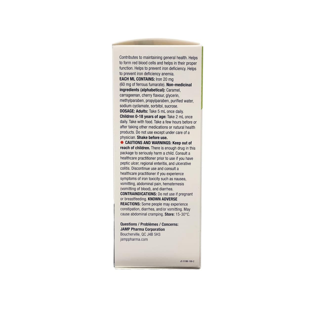 Description, ingredients, dose, warnings for JAMP Ferrous Fumarate Liquid 60 mg/mL (100 mL) in English
