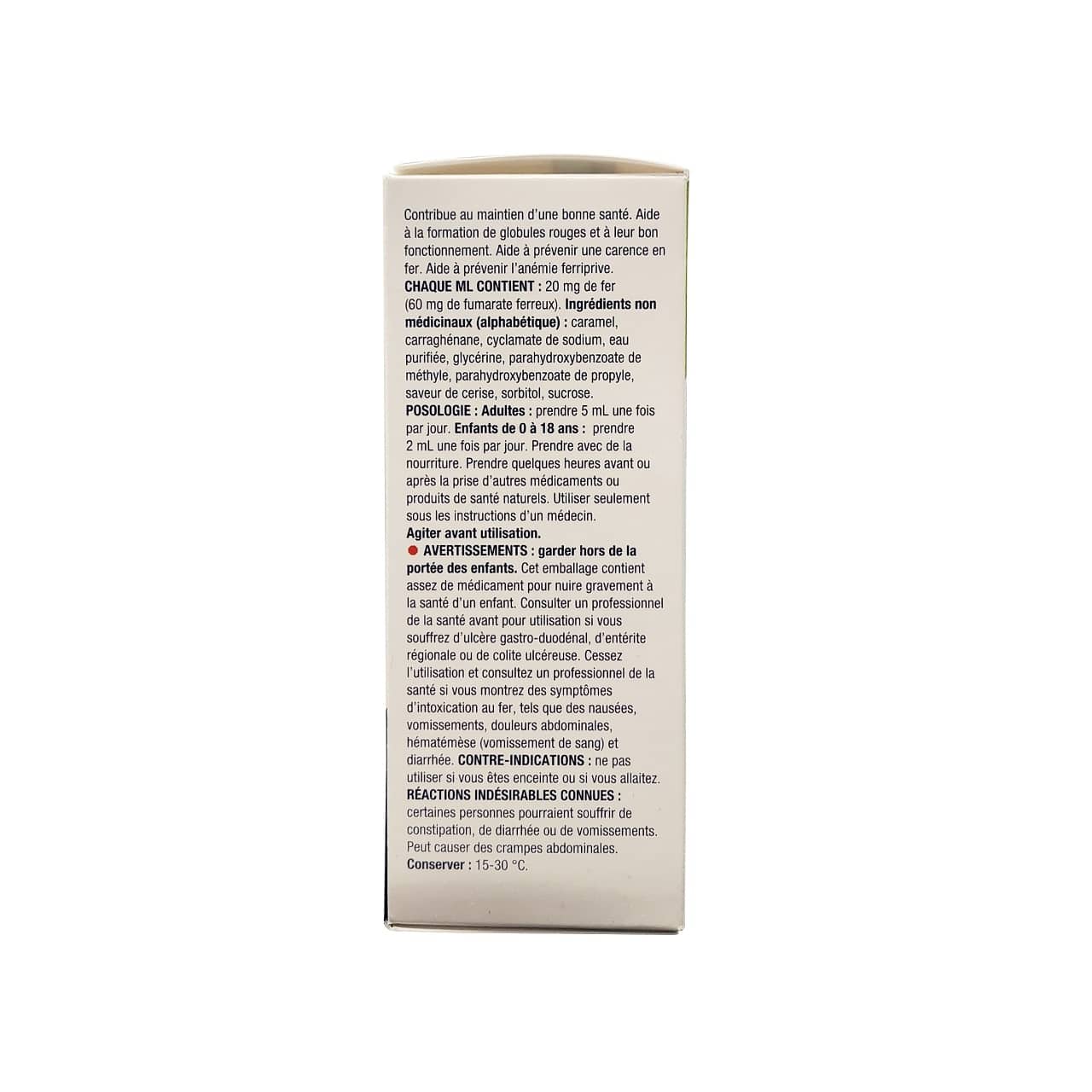 Description, ingredients, dose, warnings for JAMP Ferrous Fumarate Liquid 60 mg/mL (100 mL) in French