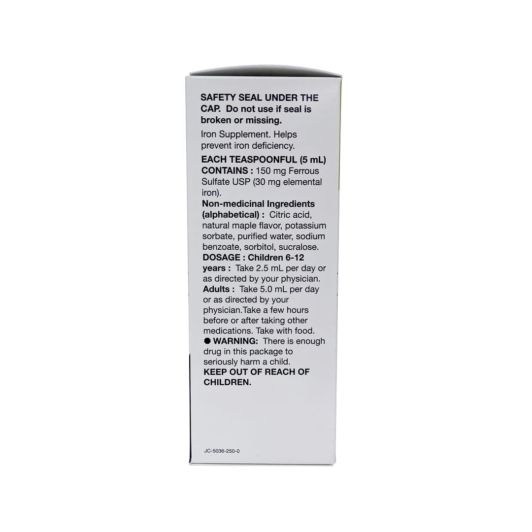 Description, ingredients, dosage, and warnings for JAMP Ferrous Sulfate Liquid 150mg/5mL (250 mL) in English