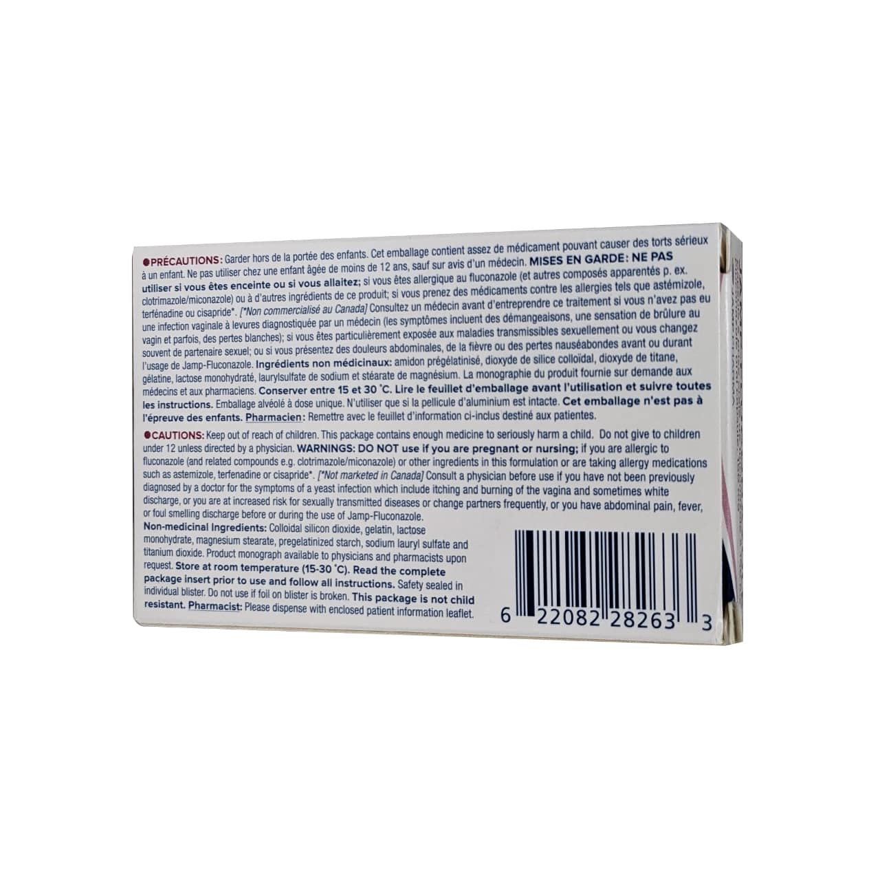 Ingredients and warnings for JAMP Fluconazole Antifungal Agent 150mg in English and French