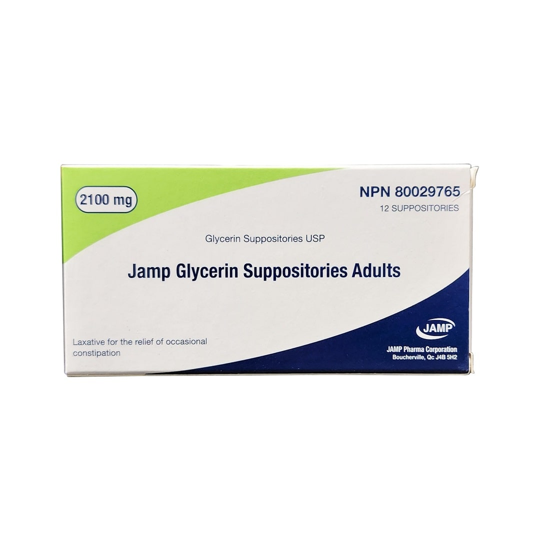 Product label for JAMP Glycerin Suppositories for Adults 2100 mg (12 suppositories) in English