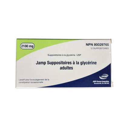 Product label for JAMP Glycerin Suppositories for Adults 2100 mg (12 suppositories) in French