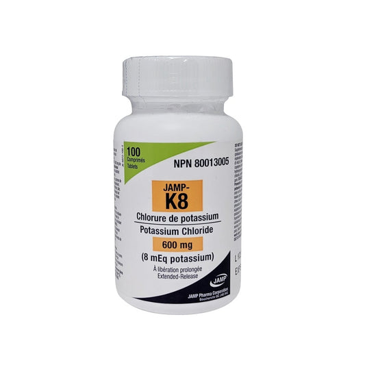 Product label for JAMP K8 Potassium Chloride 600mg (100 tablets)