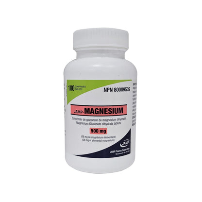 Product label for JAMP Magnesium Gluconate 500mg in French and English