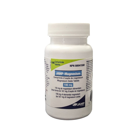 Product label for JAMP Magnesium Oxide 100 mg (100 tablets)