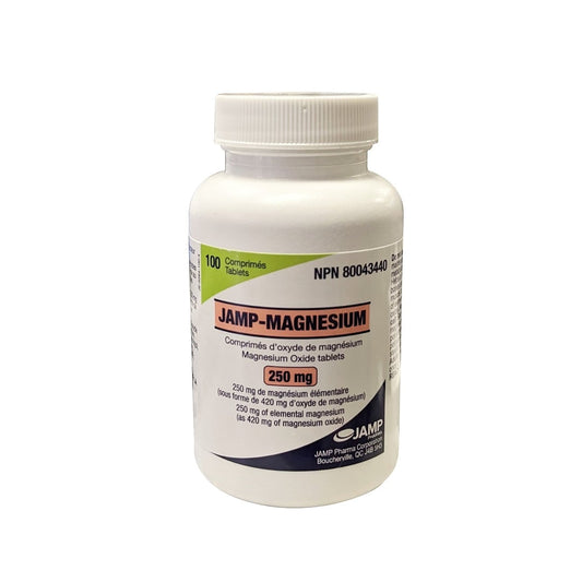Product label for JAMP Magnesium Oxide 250 mg (100 tablets) 