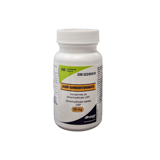 Product label for JAMP Pharma Dimenhydrinate 50 mg (250 tablets)