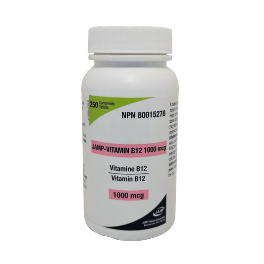 Product label for JAMP Vitamin B12 1000mcg in French and English