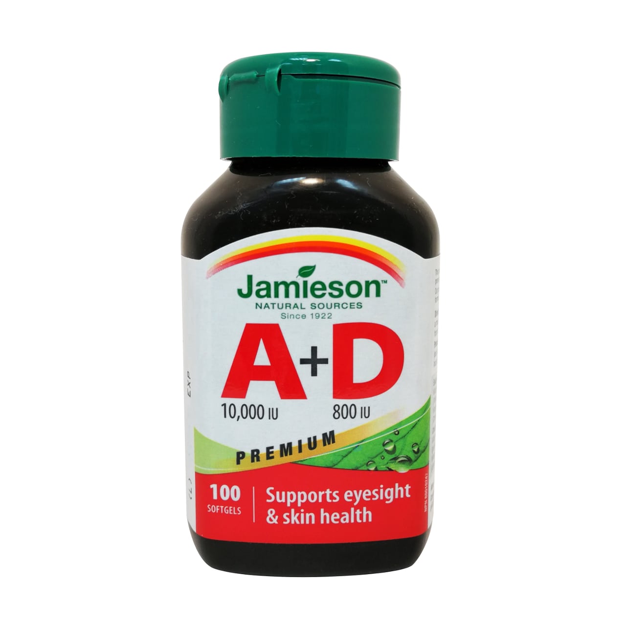 Product label for Jamieson Vitamin A (10,000 IU) & D (800 IU) in English