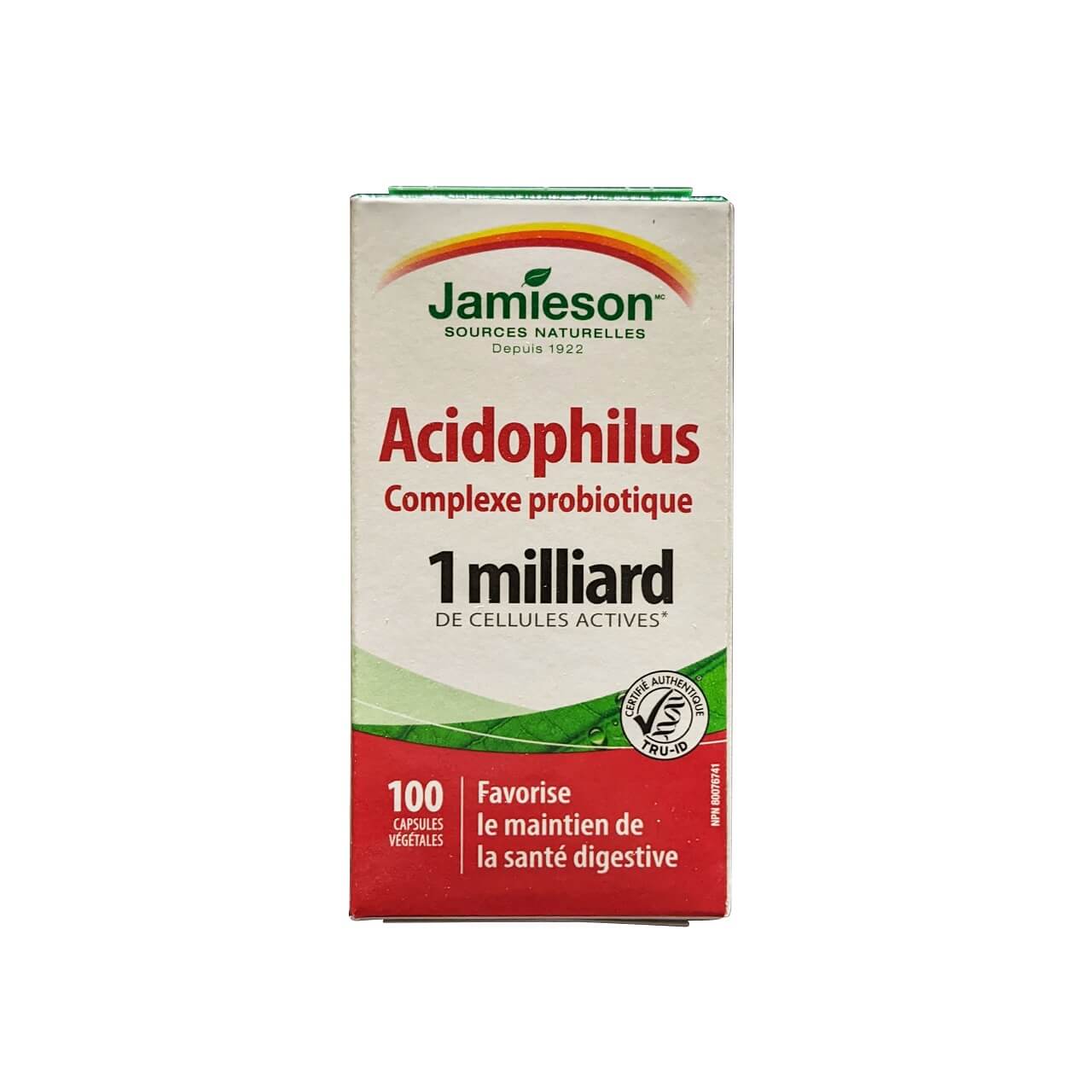 Product label for Jamieson Acidophilus Probiotic Complex 1 Billion (100 capsules) in French