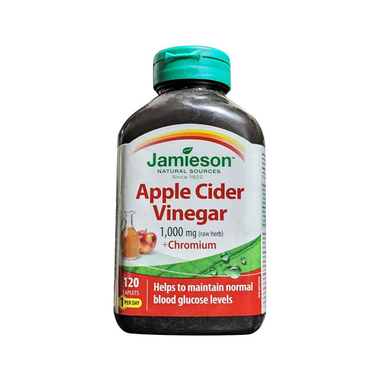Product label for Jamieson Apple Cider Vinegar 1000 mg with Chromium (120 caplets) in English
