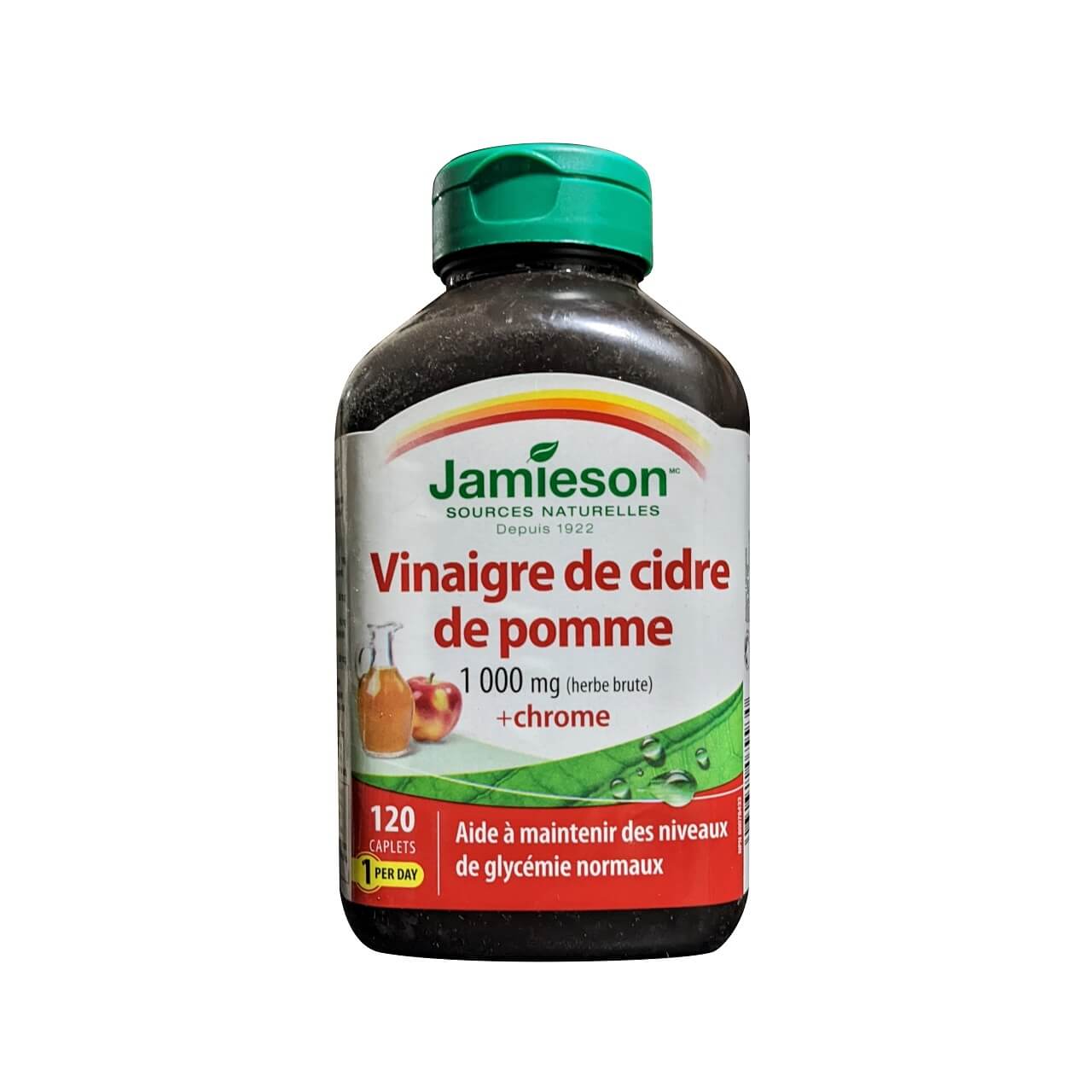 Product label for Jamieson Apple Cider Vinegar 1000 mg with Chromium (120 caplets) in French