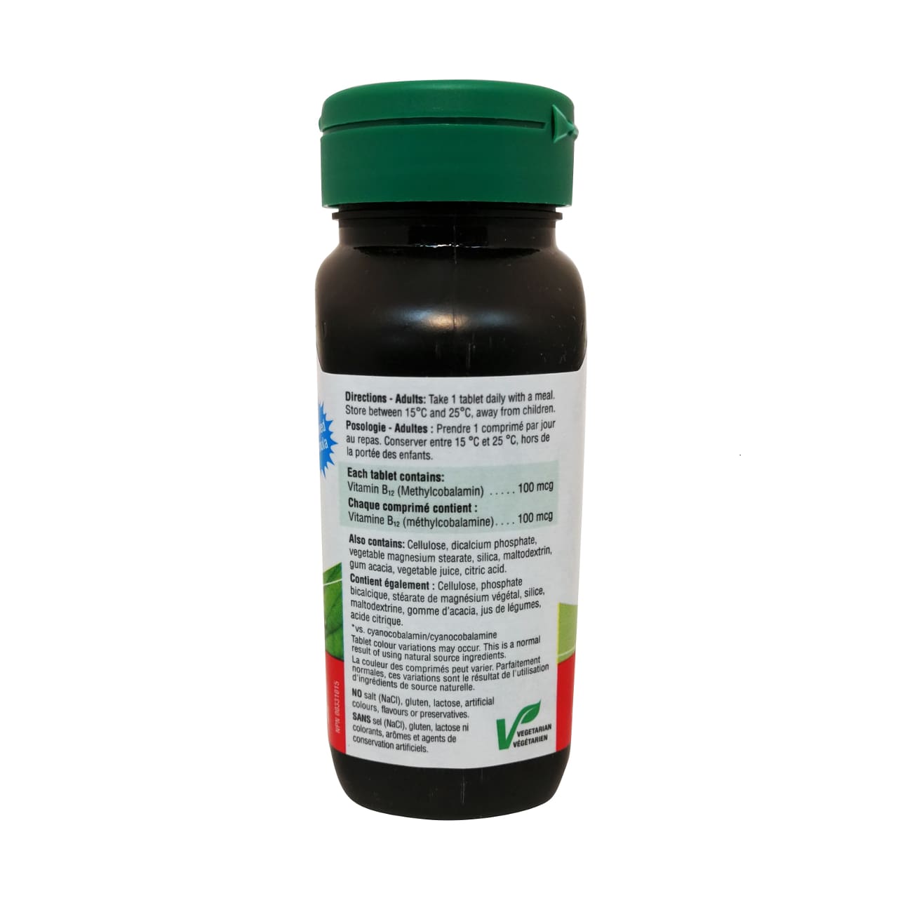 Product directions, ingredients for Jamieson B12 100mcg in English and French