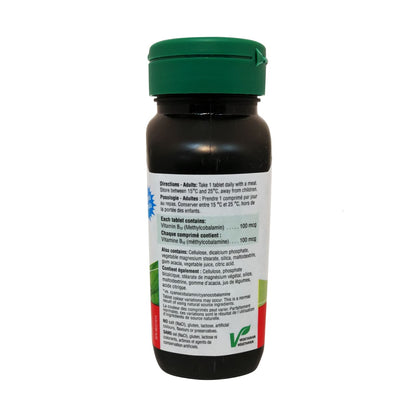 Product directions, ingredients for Jamieson B12 100mcg in English and French