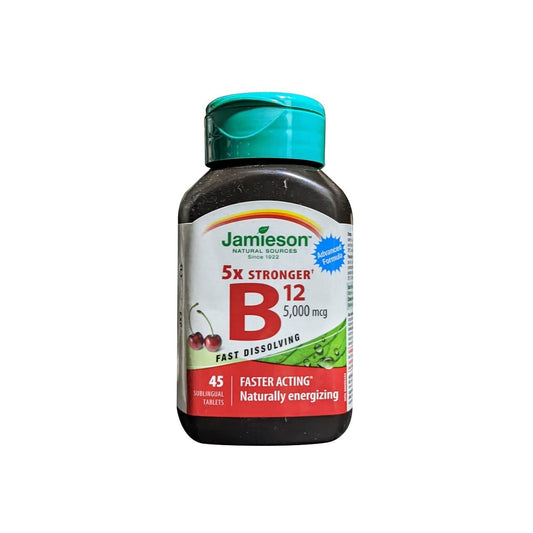 Product label for Jamieson B12 5000 mcg Fast Dissolving (45 tablets) in English