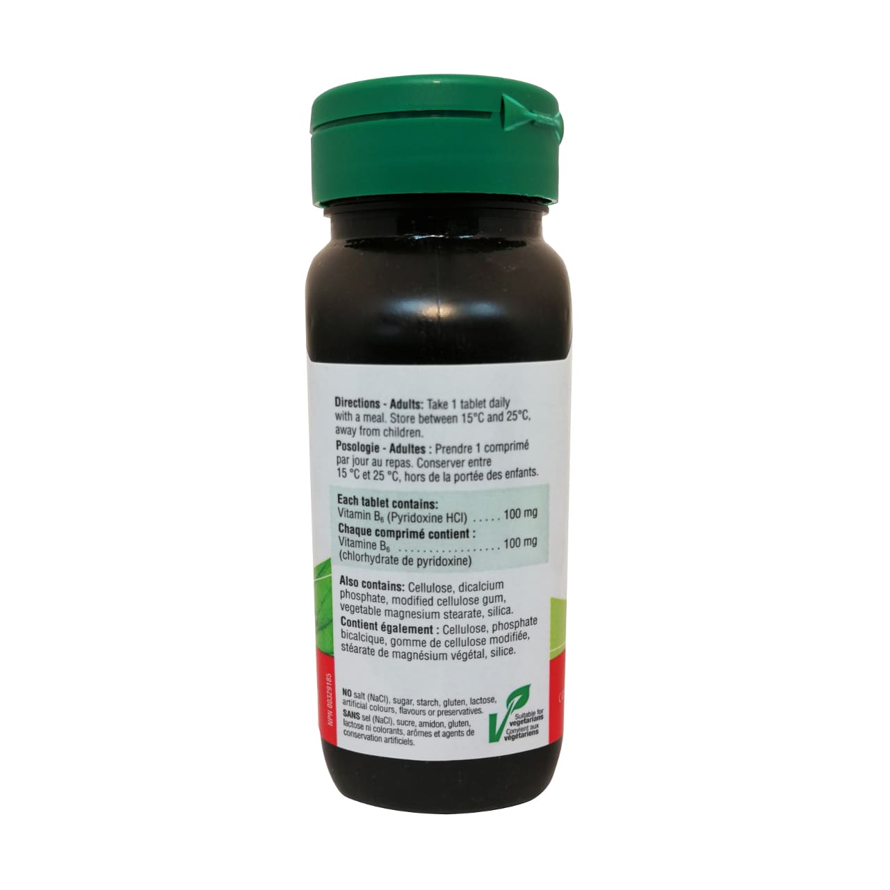 Product directions and ingredients for Jamieson B6 100mg in French and English