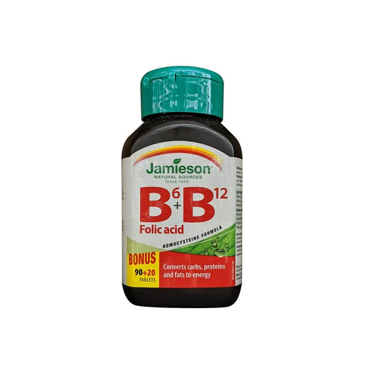 Product label for Jamieson B6 B12 and Folic Acid (110 tablets) in English