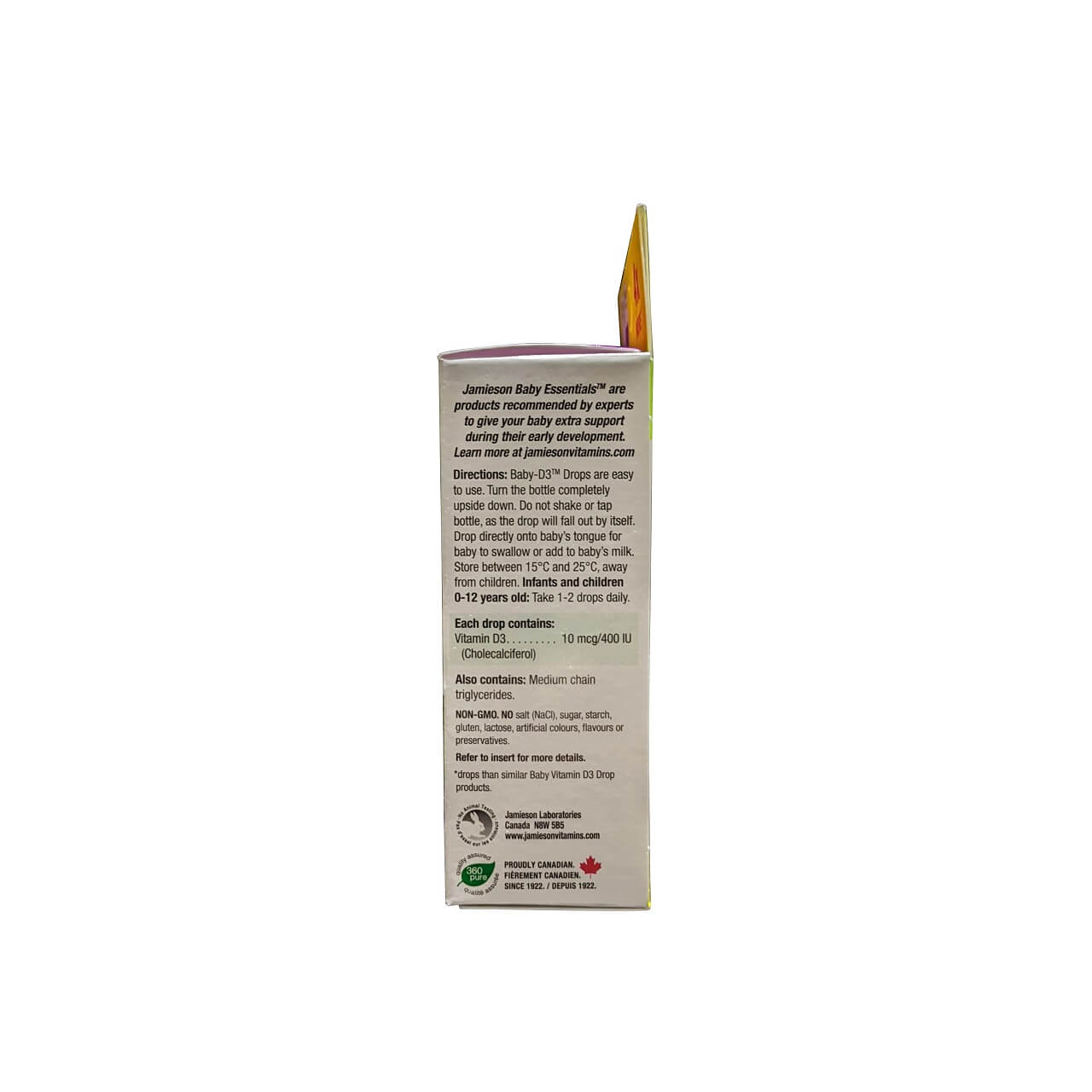 Description, directions, ingredients for Jamieson Baby D3 Drops 400 IU (11.7 mL) in English