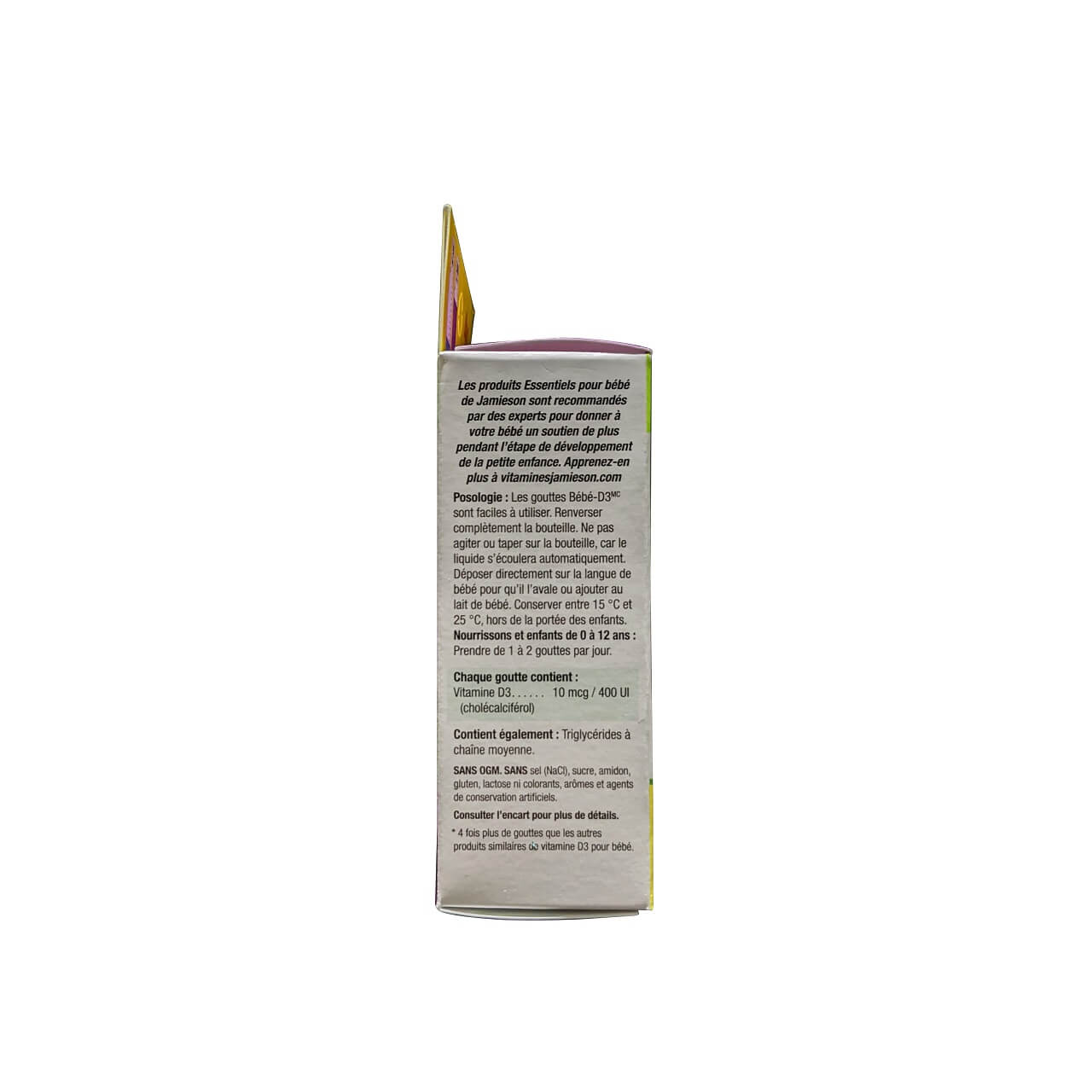 Description, directions, ingredients for Jamieson Baby D3 Drops 400 IU (11.7 mL) in French