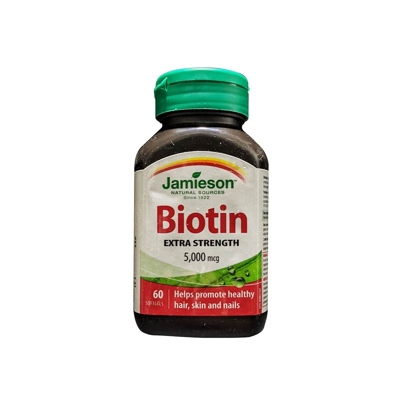 Product label for Jamieson Biotin 5000 mcg Extra Strength (60 softgels) in English