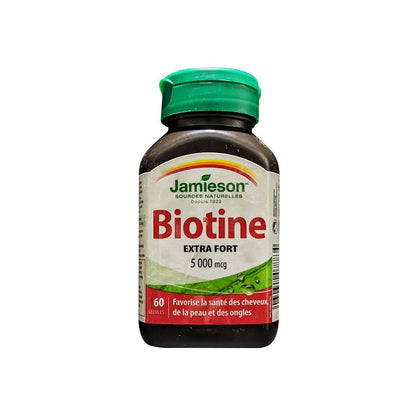Product label for Jamieson Biotin 5000 mcg Extra Strength (60 softgels) in French