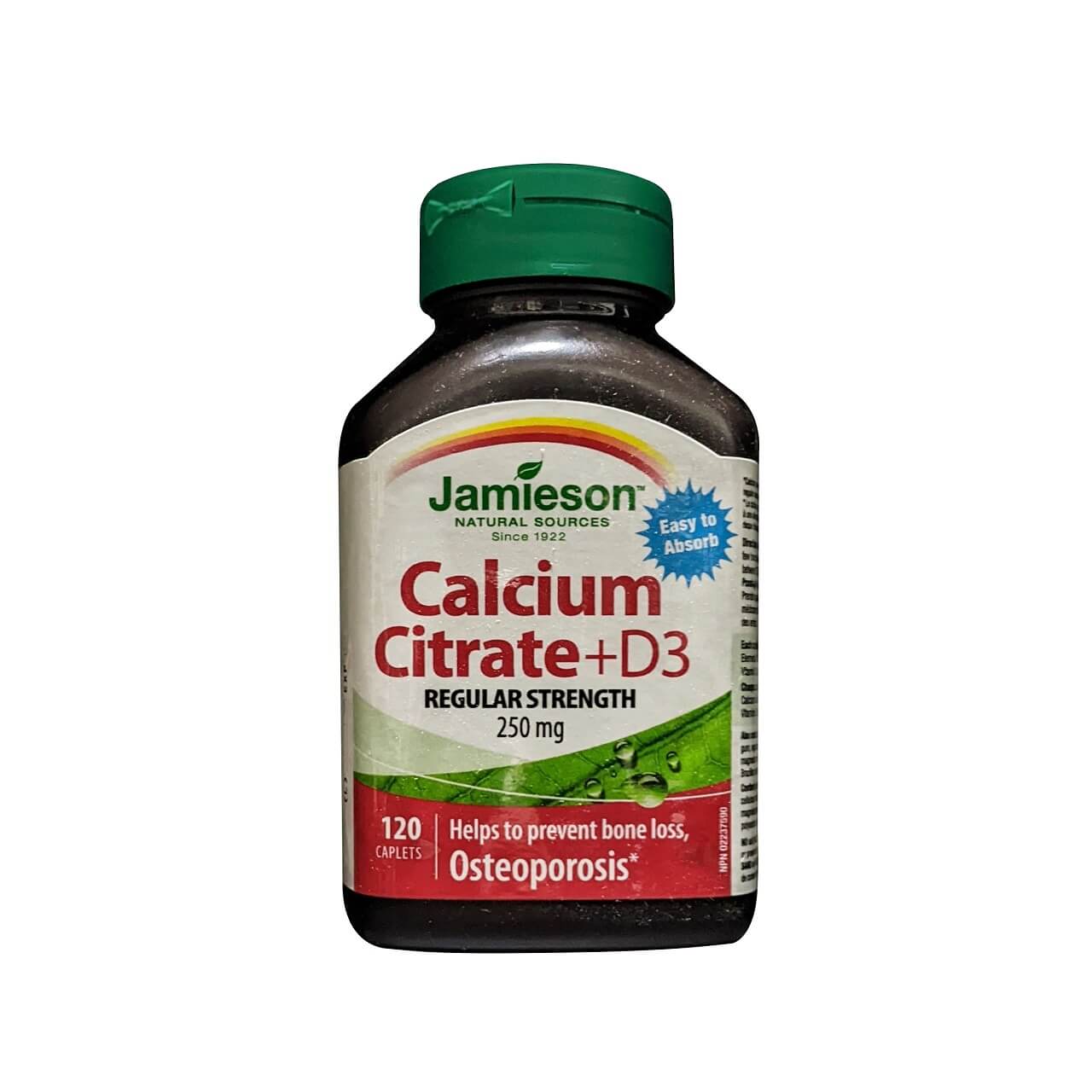 Product label for Jamieson Calcium (250 mg) + Vitamin D3 (50 IU) Regular Strength (120 caplets) in English