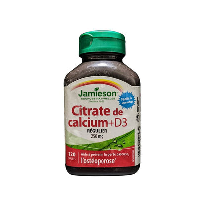 Product label for Jamieson Calcium (250 mg) + Vitamin D3 (50 IU) Regular Strength (120 caplets) in French